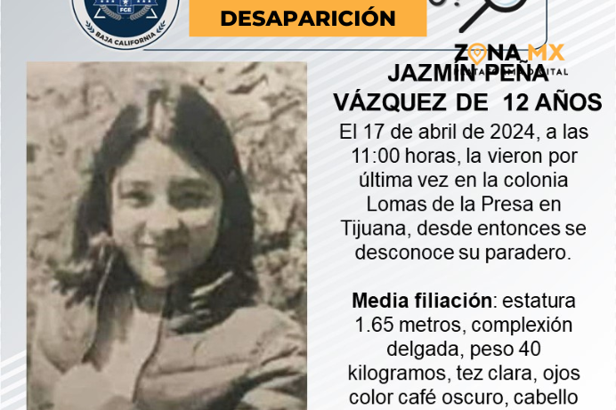 Piden ayuda para encontrar a Jazmín Peña Vázquez de 12 años