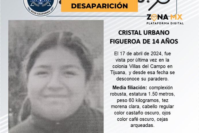 Buscan a Cristal Urbano Figueroa de 14 años en Tijuana